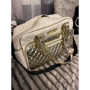 Betsey johnson vintage gold white leather weekender duffle bag travel
